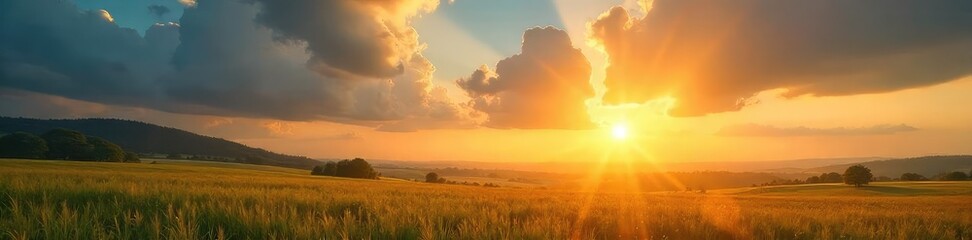 Golden sun rays burst through a partly cloudy sky, illuminating the landscape with a warm, radiant glow Perfect for nature, weather, or summer themes , golden hour, environment, sunlight