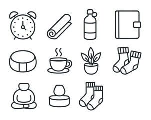 Daily Self-Care Icons. Outline icon set of Daily self-care: alarm clock, yoga mat, water bottle, journal,
