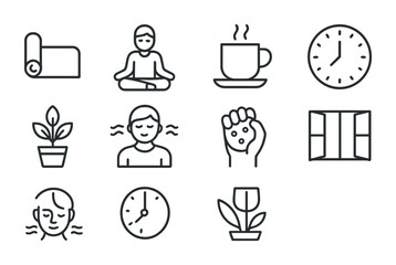 Stress Management Icons. Outline icon set of stress management at work: yoga mat, meditation icon, coffee
