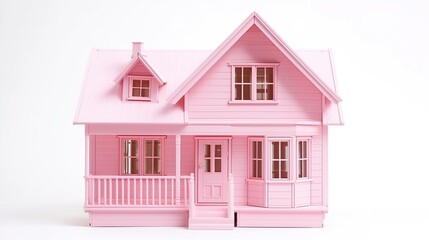 Charming Pink Dollhouse Displayed on a White Background with Whimsical Appeal
