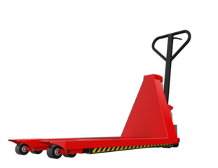 Vibrant Red Hand Pallet Truck: Key Essential Material Handling Equipment for Efficient Logistics, Warehouse Operations and Industrial Supply Chain Management on a Transparent HD Background.