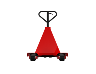 Vibrant Red Hand Pallet Truck: Key Essential Material Handling Equipment for Efficient Logistics, Warehouse Operations and Industrial Supply Chain Management on a Transparent HD Background.