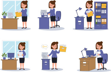 Woman working in office scenes, organizing documents, filing, desk tasks, paperwork, professional workplace, business, productivity, administration, corporate, office job