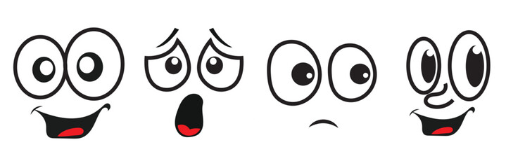 Cartoon faces showing different emotions illustration. Big eyes and expressive mouths displaying various emotions like happy, surprised, sad, and playful for design use. Cartoon face icon.


