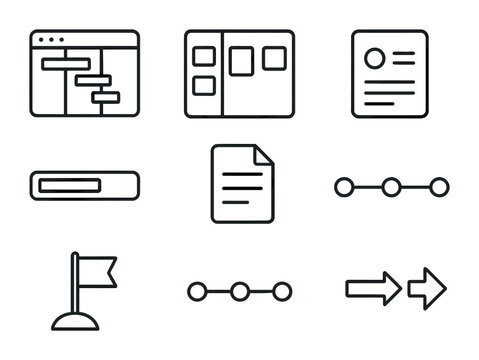 Digital Project Icons. Outline icon set of digital project management: Gantt chart, kanban board, task card,