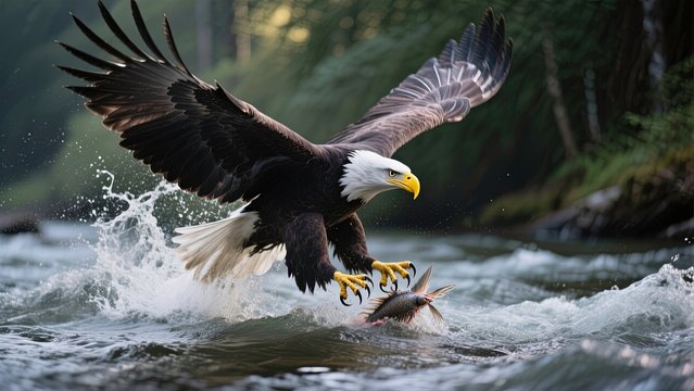 Precision Landing: Powerful eagle soars through waves and catching fishes.