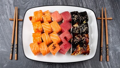 Fresh sushi platter with chopsticks
