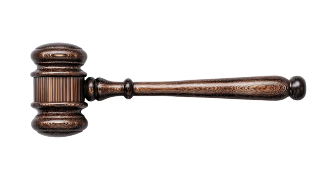 Dark wooden gavel,  smooth  handle,  symmetrical  shape.  Classic  court  tool