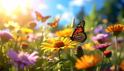 Colorful Butterflies on Vibrant Flowers in Sunlit Garden Scene