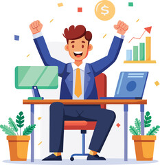 Vector of Investor Celebrating Profit at Desk