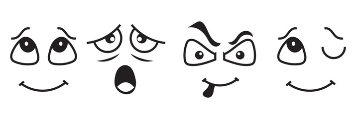 Cartoon faces showing different emotions illustration. Big eyes and expressive mouths displaying various emotions like happy, surprised, sad, and playful for design use. Cartoon face icon.



