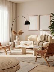 Two mockup poster frames in a stylish minimalist living room interior with neutral tones, and natural decor elements - perfect for modern home design, Scandinavian style