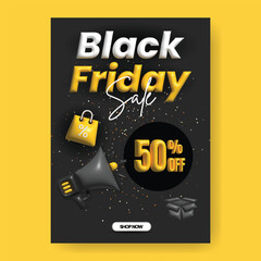 Creative Black Friday Poster Template for Fashion Sale, Products Discount, Retail Promotions, 3D megaphone, 3d Text Effect, Special Offer Concept, Editable Brochure & Leaflet, and Sale Background