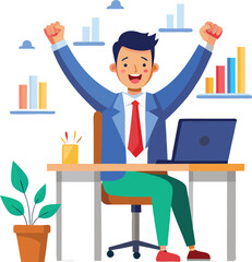 Vector of Investor Celebrating Profits at Desk