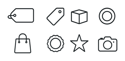 Product Branding Icons. Outline icon set of product branding: label, tag, box, logo design, shopping bag,