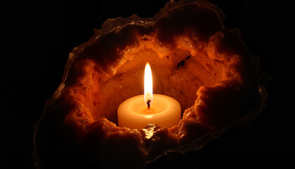 Candlelight glowing inside a textured shell on a dark background