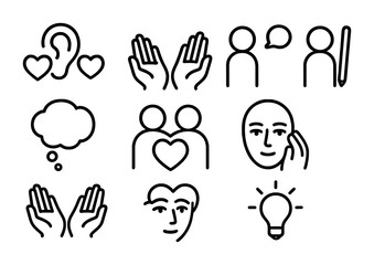 Fototapeta premium Empathy Icon Set. Outline icon set of empathy and listening: ear with heart, open hands, two figures talking,