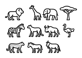 Fototapeta premium Savanna Icon Set. Outline icon set of savanna ecosystems: lion, giraffe, elephant, acacia tree, zebra, cheetah