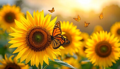 Fototapeta premium Beautiful Sunflowers and Butterflies in a Bright Summer Field