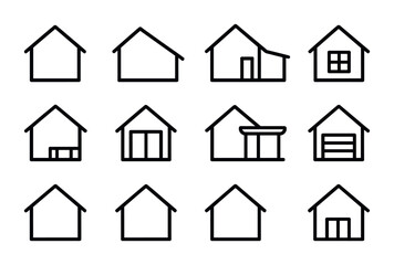Home Extension Icons. Outline icon set of home extensions: house outline, roofline, extra room, window