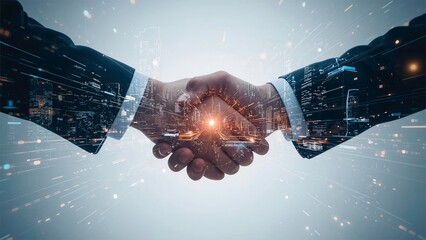 Successful business partnership and deal closure through handshake in modern cityscape with financial data overlay, partnership between two countries.