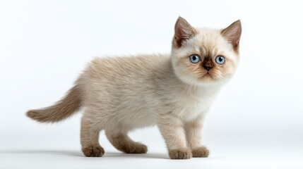 Fototapeta premium Small beige kitten with blue eyes stands on a white surface looking at the camera