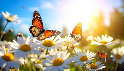 Colorful Butterflies on White Daisies in Sunlit Meadow Scene