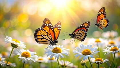 Vibrant Monarch Butterflies Gathering on Daisies in Sunny Meadow