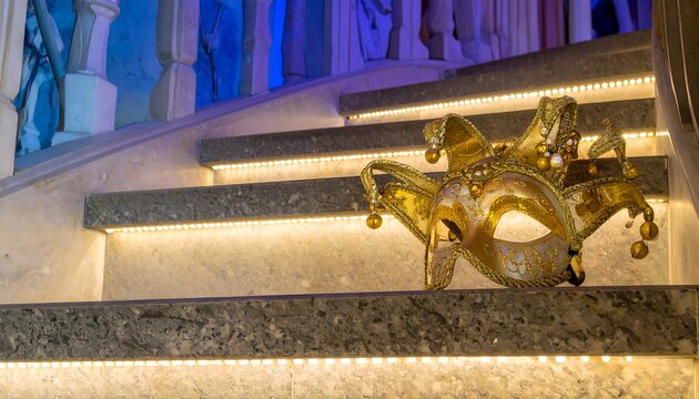 Golden mask rests on elegant stairs