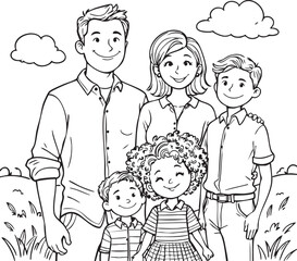 Black and white vector of smiling family outdoors with parents and children perfect for lifestyle, parenting, and community designs