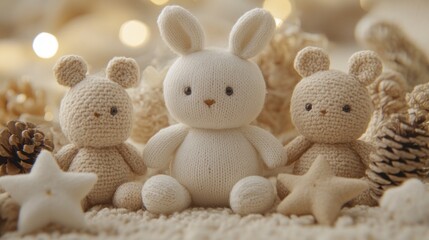 Cute Knitted Rabbit and Bears with Cozy Bokeh Lights and Winter Decor