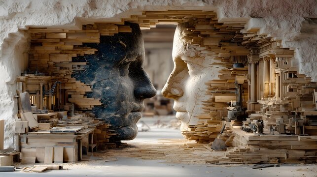 Two Faces Half-Stone, Half-Digital, Representing Art and Technology - Powered by Adobe