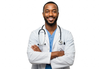 Doctor with stethoscope smiling arms crossed isolated on transparent background