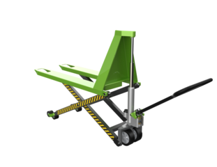 Efficient Green Pallet Truck: Modern Industrial Material Handling for Warehouse Operations. High-Quality 3D Rendered Hand Pump Jack Isolated on Transparent Background for Logistics and Freight.