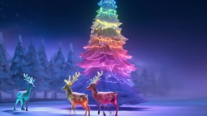 A luminous, rainbow-lit Christmas tree stands in a snowy forest at night. Three translucent reindeer, also illuminated, gather nearby, creating a magical winter scene under a dark, starry sky - Powered by Adobe