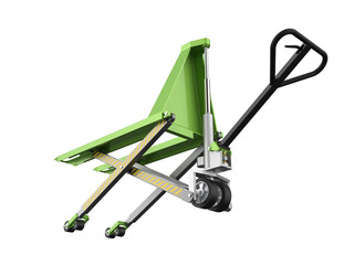 Efficient Green Pallet Truck: Modern Industrial Material Handling for Warehouse Operations. High-Quality 3D Rendered Hand Pump Jack Isolated on Transparent Background for Logistics and Freight.