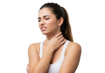 Woman with sore throat touching her neck isolated on transparent background