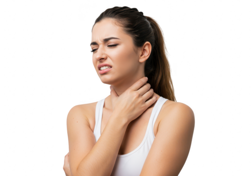 Woman with sore throat touching her neck isolated on transparent background