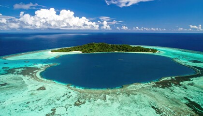 Obraz premium Aerial View of a Lush Green Atoll Surrounded by a Vibrant Turquoise Lagoon