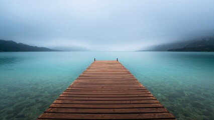 Obraz premium A serene and minimalist landscape of a long wooden dock leading into a calm, clear turquoise lake, with the far shore obscured by thick fog and mist