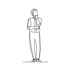 Continuous line drawing of business thinking man. Single line art sketch editable stroke brainstorm idea. Vector illustration