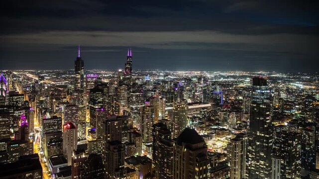 Chicago Downtown Skyscraper Skyline Urban Cityscape Timelapse at Night