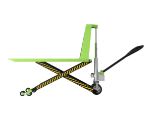 Isolated Green Scissor Lift Pallet Jack 3D: High-Definition Render of Manual Hand Pallet Truck, Heavy Lifting Equipment with Yellow Safety Stripes, Transparent Background for Easy Use.