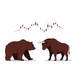 Brown bear and bull facing each other with stock market candlestick chart above trading finance