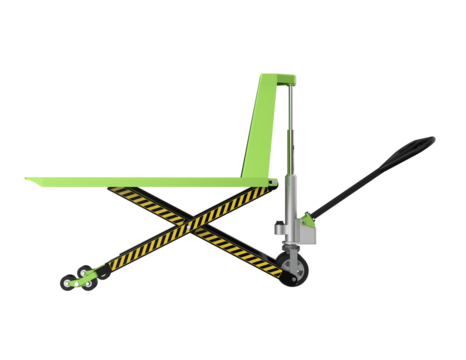 Isolated Green Scissor Lift Pallet Jack 3D: High-Definition Render of Manual Hand Pallet Truck, Heavy Lifting Equipment with Yellow Safety Stripes, Transparent Background for Easy Use.