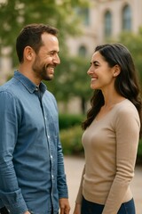 Fototapeta premium A happy couple smiles at each other outdoors, enjoying a moment of connection
