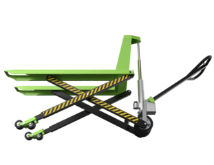 Efficient Green Pallet Truck: Modern Industrial Material Handling for Warehouse Operations. High-Quality 3D Rendered Hand Pump Jack Isolated on Transparent Background for Logistics and Freight.
