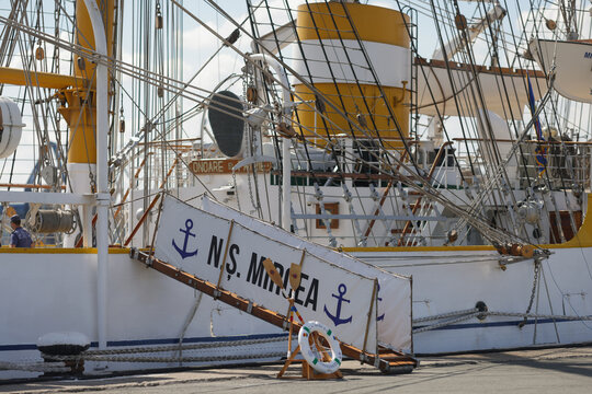 Constanta, Romania - September 1, 2025: Anchored training Ship "Mircea", sailing ship, A-class, bark type, with three masts.