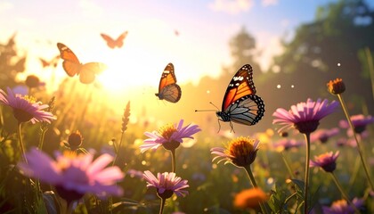 Monarch Butterflies Soaring Over Colorful Wildflower Meadow at Sunset