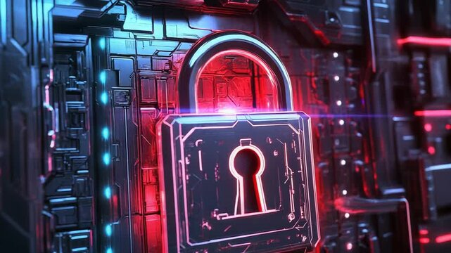 Glowing padlock protecting futuristic server room symbolizing cybersecurity - Powered by Adobe